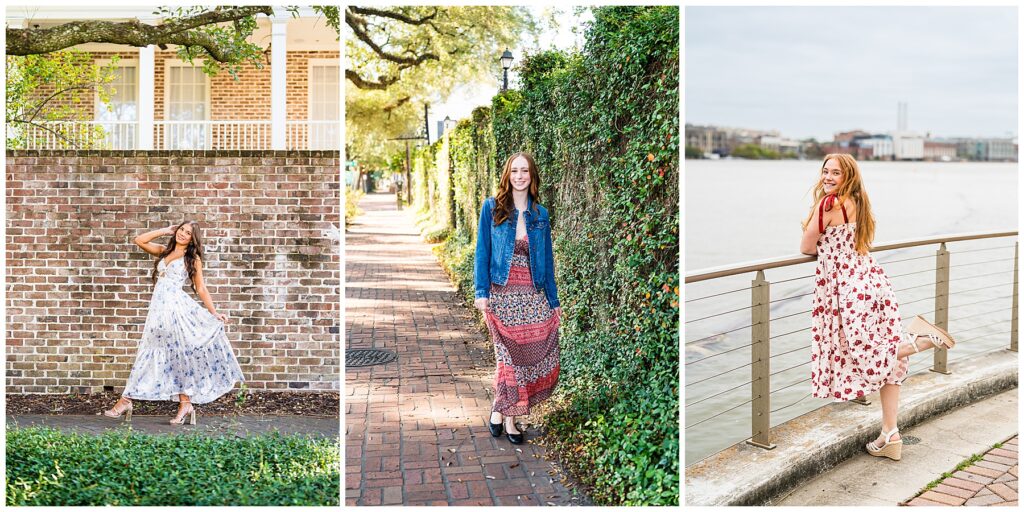This image is a three-panel collage of outdoor portraits set in charming, historic-looking locations, giving the overall scene a warm, elegant, and lifestyle-focused feel.
Left panel: A young woman poses in front of a textured brick wall topped with greenery and white columns from a historic-style building. She wears a long, flowing white dress with blue floral patterns and heels, lifting the hem slightly as she smiles. Overhanging tree branches frame the scene, adding a graceful, Southern-inspired atmosphere.
Center panel: Another woman stands along a brick sidewalk bordered by a tall, neatly trimmed hedge. She wears a patterned maxi dress in warm tones layered with a denim jacket and dark shoes. She smiles directly at the camera, and the perspective of the path and hedge creates depth and a relaxed, stroll-like feel.
Right panel: The final portrait shows a woman standing by a waterfront railing, looking back over her shoulder with a bright smile. She wears a white dress with red floral patterns and wedge sandals. The water, distant buildings, and soft sky in the background give this image a breezy, coastal-city vibe.
Overall, the collage highlights three distinct settings—historic architecture, leafy streets, and waterfront views—while emphasizing natural light, flowing dresses, and confident, joyful poses.