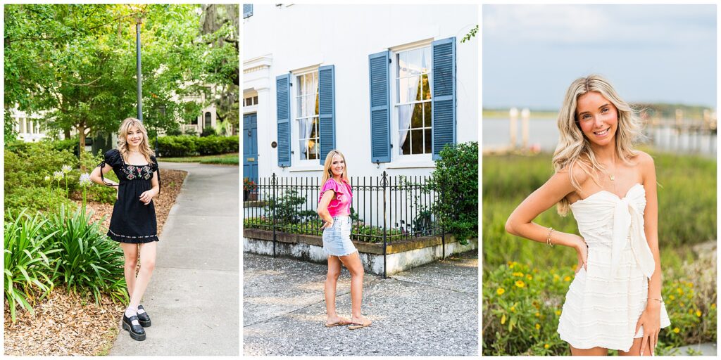 This image is a three-panel collage of outdoor lifestyle portraits, each set in a bright, picturesque location with a relaxed, summery feel.
Left panel: A young woman stands on a shaded sidewalk surrounded by lush greenery and trees. She wears a short black dress with puff sleeves and embroidered detail, paired with black shoes. She smiles gently at the camera, and the leafy background and soft light create a calm, neighborhood atmosphere.
Center panel: Another woman poses on a quiet street in front of a white house with blue shutters and a black iron fence. She wears a bright pink sleeveless top and a light denim skirt with sandals. Standing in a casual, confident pose, she smiles toward the camera, and the classic architecture adds charm to the scene.
Right panel: The final portrait is a close-up of a woman standing in a grassy marsh area near the water. She wears a white strapless dress and smiles warmly, with soft sunlight highlighting her hair. The blurred background of marsh grass and water gives the image a light, coastal, and romantic feel.
Overall, the collage showcases three different personalities and styles in scenic outdoor settings, unified by natural light, fresh colors, and an easygoing lifestyle aesthetic.
