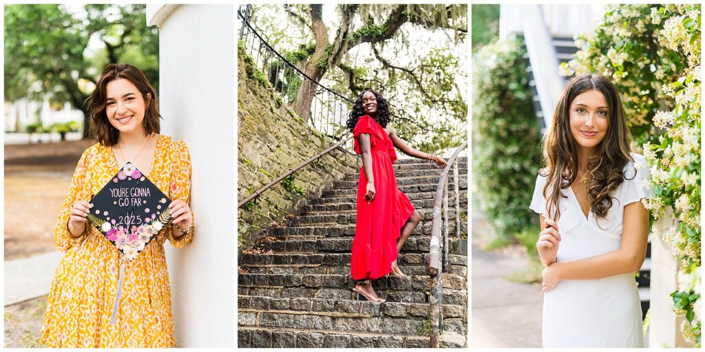 This image is a three-panel collage of outdoor portraits, each highlighting a different individual in a natural, elegant setting with a celebratory, milestone-focused feel.
Left panel: A young woman stands beside a white column, smiling warmly at the camera. She wears a flowing mustard-yellow patterned dress and holds a decorated graduation cap that reads “You’re Gonna Go Far – 2025,” adorned with floral designs. The leafy background and soft light emphasize a proud, joyful graduation theme.
Center panel: Another woman poses mid-step on a curved stone staircase surrounded by greenery and moss-covered walls. She wears a bright red, flowing dress and smiles confidently while holding the railing. The dramatic setting and vibrant color of the dress create a striking, dynamic portrait.
Right panel: The final portrait shows a woman in a simple white dress standing near blooming greenery and a staircase. She gently holds a branch with small white flowers and looks calmly at the camera. The soft focus background and natural tones give the image a serene, romantic feel.
Overall, the collage blends celebration, confidence, and elegance, using lush outdoor settings and expressive poses to capture personality and meaningful life moments.