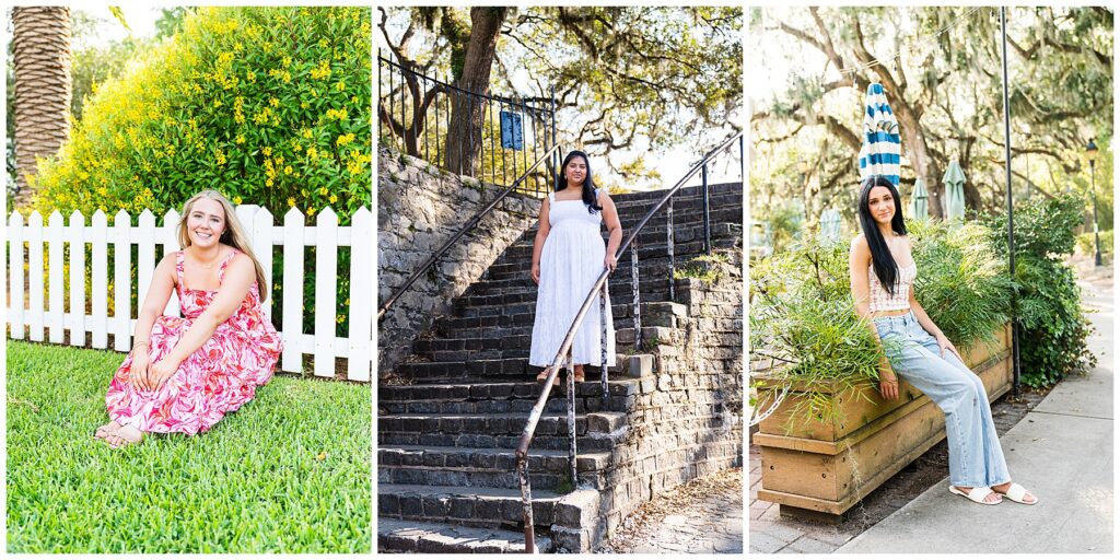 This image is a three-panel collage of outdoor portraits, each set in a sunlit, greenery-filled environment with a relaxed, natural feel.
Left panel: A young woman sits on bright green grass in front of a white picket fence and a lush hedge of yellow flowers. She wears a pink-and-white floral dress and smiles warmly at the camera. The scene feels cheerful and summery, with vibrant colors and soft light.
Center panel: Another woman stands on a stone staircase bordered by an iron railing and mossy walls. She wears a long, sleeveless white dress and looks calmly toward the camera. The surrounding trees and dappled sunlight give the image a timeless, serene atmosphere.
Right panel: The final portrait shows a woman seated on the edge of a large wooden planter filled with greenery along a sidewalk. She wears a light patterned sleeveless top, light blue jeans, and sandals. Behind her are trees draped with Spanish moss and folded patio umbrellas, adding a casual, Southern, outdoor café vibe.
Overall, the collage highlights different personalities and styles in natural outdoor settings, unified by warm light, greenery, and a relaxed lifestyle aesthetic.