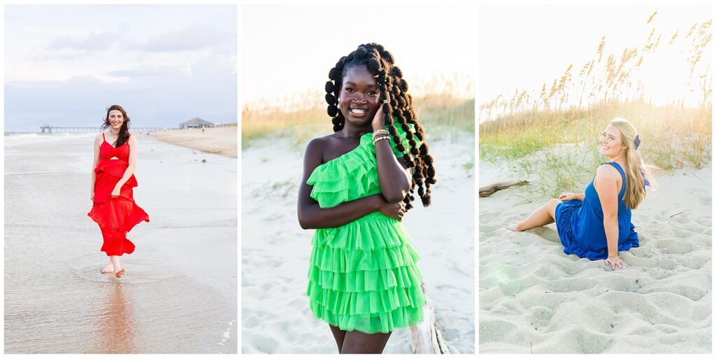 This image is a three-panel collage of beach portraits, each capturing a different individual in flowing dresses against soft sand, sea grass, and ocean scenery. The overall mood is elegant, joyful, and serene, enhanced by gentle coastal light.
Left panel: A woman walks barefoot along the shoreline wearing a bright red, tiered dress. The fabric moves with the breeze as shallow waves lap at her feet. She smiles softly while looking toward the camera, with a pier and distant structures visible along the coast behind her. The scene feels romantic and airy.
Center panel: A close-up beach portrait of a woman standing on pale sand near dune grass. She wears a vibrant green, one-shoulder ruffled dress and smiles warmly, resting one hand against her face while the other crosses her body. Her pose feels confident and joyful, and the soft, neutral background makes the color of her dress stand out dramatically.
Right panel: The final portrait shows a woman seated in the sand near tall beach grass, wearing a flowing blue dress. She looks back over her shoulder with a relaxed smile, bathed in warm, golden light. The scene feels calm and reflective, with subtle lens flare and natural textures adding softness.
Together, the collage highlights individuality and grace in a coastal setting, using bold dress colors, natural movement, and gentle light to create a timeless beach portrait aesthetic.