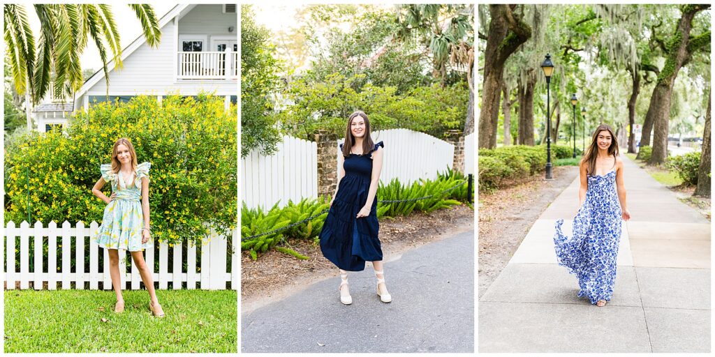 This image is a three-panel collage of outdoor portraits, each featuring a different young woman in a lush, residential setting with classic Southern charm.
Left panel: A woman stands on bright green grass in front of a white picket fence and a dense hedge of yellow flowers. She wears a light blue-and-yellow floral dress with ruffled sleeves and heels, posing confidently with one hand on her hip. A palm tree and a light-colored house appear in the background, giving the scene a cheerful, summery feel.
Center panel: Another woman poses along a quiet street bordered by a white fence and greenery. She wears a navy-blue, tiered midi dress with ruffled shoulders and light-colored shoes. She smiles calmly at the camera, and the soft, filtered light creates a relaxed, elegant atmosphere.
Right panel: The final portrait shows a woman walking along a tree-lined sidewalk with hanging Spanish moss. She wears a flowing blue-and-white floral maxi dress that moves with her stride. Streetlamps and leafy trees frame the path, creating a graceful, storybook-like setting.
Overall, the collage highlights natural light, flowing dresses, and picturesque neighborhoods, emphasizing confidence, ease, and a timeless outdoor portrait style.