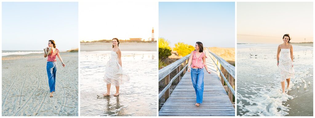 This is a four-panel collage of outdoor portraits, this time taken at the beach around golden hour.
From left to right:
A young woman walks barefoot along the sandy shore, holding her shoes over one shoulder. She wears a coral sleeveless top and blue jeans, with the ocean stretching out beside her.
She stands in shallow water near the shoreline, wearing a light, flowing white dress with a subtle floral pattern. A lighthouse and low buildings appear in the distant background.
She walks along a wooden boardwalk over beach grass and dunes, again in the coral top and jeans, looking to the side with a relaxed, cheerful expression.
She walks barefoot through gentle ocean waves in the same white floral dress, the water splashing around her ankles, with soft sunset light illuminating the scene.
The overall mood is bright, airy, and carefree, capturing a calm, coastal atmosphere with natural light and soft colors.