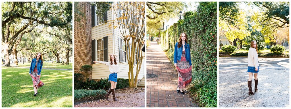 The image is a four-panel collage of outdoor portraits featuring the same young woman in a leafy, historic-looking neighborhood.
From left to right:
She stands on a grassy lawn beneath large, arching trees draped with Spanish moss, wearing a long patterned dress with a denim jacket.
She poses in front of a light-colored house with brick and siding, one arm lifted playfully, wearing a light sweater, a short denim skirt, and knee-high brown boots.
She walks along a brick sidewalk bordered by a tall green hedge, again in the long patterned dress and denim jacket.
She looks back over her shoulder while crossing a quiet street lined with trees and houses, wearing the light sweater, denim skirt, and tall boots.
The lighting is warm and natural, suggesting autumn, with fallen leaves on the ground and golden sunlight filtering through the trees. The overall feel is casual, cheerful, and lifestyle-oriented.