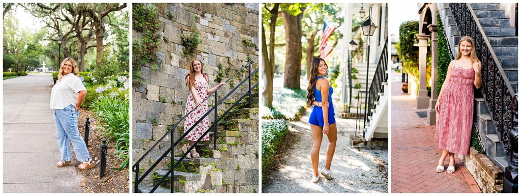 This is a four-panel collage of outdoor portraits, each featuring a different young woman in a historic, tree-lined neighborhood.
From left to right:
A young woman stands on a wide sidewalk under large oak trees with greenery and flowers along the path. She wears a white blouse, light blue jeans with small embellishments, and wedge sandals, smiling confidently.
Another young woman poses on stone steps beside a textured brick-and-stone wall with small plants growing between the stones. She wears a white dress with a red floral pattern and white sandals, holding the railing and smiling.
A third young woman stands on a shaded path near classic Southern-style homes with porches and an American flag. She wears a bright blue sleeveless romper and white sneakers, looking over her shoulder in a relaxed pose.
The fourth young woman leans against a decorative black iron staircase along a brick sidewalk. She wears a red-and-white gingham sleeveless dress and white heels, smiling warmly at the camera.
The overall feel is bright and polished, with soft natural light, historic architecture, lush greenery, and a cheerful, portrait-session atmosphere.