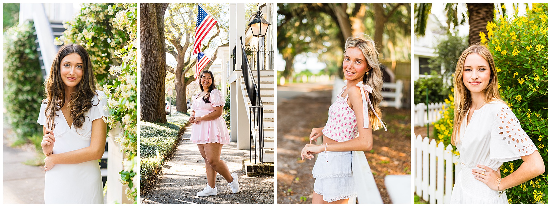 This is a four-panel collage of outdoor portraits, each showing a different young woman in a bright, Southern-style neighborhood with porches, trees, and flowers. From left to right: A young woman stands beside a wall covered in white flowering vines. She wears a white V-neck dress and has long, softly curled hair, posing calmly and looking at the camera. Another young woman walks along a shaded sidewalk in front of white houses with porches and American flags. She wears a light pink dress and white sneakers, smiling in a relaxed, casual pose. A third young woman stands on a tree-lined path, turned slightly over her shoulder. She wears a pink floral sleeveless top and a light blue skirt, with sunlight filtering through the trees behind her. The fourth young woman poses near a white picket fence and bright yellow flowers. She wears a white dress with eyelet-style sleeves and smiles gently at the camera. The overall mood is soft, cheerful, and elegant, with warm natural light, greenery, and classic Southern architecture creating a polished portrait-session feel.