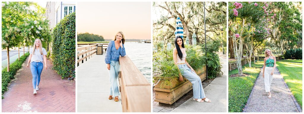 This is a four-panel collage of outdoor lifestyle portraits, each featuring a different young woman in scenic, coastal or garden-like settings.
From left to right:
A young woman walks along a brick sidewalk lined with lush green hedges and flowering trees. She wears a light patterned blouse, blue jeans, and sneakers, smiling as she strolls through a quiet, leafy street.
Another young woman leans casually on a wooden railing along a waterfront boardwalk at sunset. She wears a blue blouse with subtle texture and light-wash jeans, with calm water and trees in the background.
A third young woman sits on the edge of a large wooden planter filled with tall greenery in a shaded courtyard. She wears a sleeveless patterned top, light jeans, and sandals, with moss-draped trees and patio umbrellas behind her.
The fourth young woman walks along a narrow garden path bordered by grass and blooming pink crepe myrtle trees. She wears a green patterned top and light-colored pants, smiling in the warm, late-afternoon light.
The overall mood is bright, natural, and relaxed, with soft golden sunlight, greenery, and a polished senior-portrait or lifestyle photography style.
