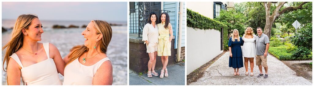 This image is a collage of three separate photos, each showing people together in warm, outdoor settings.
Left photo:
Two women stand close together at what looks like a beach during sunset. They’re both wearing light-colored dresses and smiling warmly at each other, creating a candid, affectionate moment. The ocean and soft pastel sky form a calm, scenic background.
Middle photo:
Two women stand side by side near a house or building. One is dressed in a light, neutral outfit, while the other wears a yellow patterned dress. They’re standing close, smiling at the camera, with a relaxed, casual feel.
Right photo:
Three people—a woman in a white dress, another woman in a dark blue dress, and a man in a gray shirt and shorts—stand together on a tree-lined path. They’re smiling at the camera, with greenery and a residential neighborhood in the background.
Overall, the collage highlights different small groups of people sharing friendly, affectionate moments in bright, natural outdoor environments.