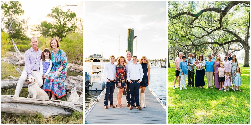 This is a three-panel collage of family portraits photographed in outdoor Savannah and coastal settings, featuring a mix of immediate families, waterfront scenes, and extended family gatherings. The overall feel is warm, timeless, and connection-focused, with natural light and meaningful locations adding personality to each portrait. Left photo: A family of three with their dog sits together on large driftwood logs in a natural marsh or coastal setting. The parents sit on either side of their daughter, while a white dog sits in the foreground. The father wears a light lavender button-down shirt and neutral pants, while the mother wears a colorful floral maxi dress in blues, pinks, and greens. Their daughter wears a purple dress layered with a light cardigan. The soft golden light and natural textures of driftwood and greenery give the image a peaceful, coastal feel. Middle photo: A family of five stands together on a marina dock surrounded by boats and calm water. The parents stand in the center with three older children/teens gathered around them. Their outfits coordinate in navy, white, and rich jewel tones, creating a polished but relaxed look. The mother’s patterned dress and the daughter’s tall white boots add personality, while the waterfront backdrop creates an elevated, Lowcountry feel. Right photo: A large multi-generational family group poses together beneath sprawling oak trees draped with Spanish moss in a park setting. The group includes grandparents, parents, children, and toddlers, arranged naturally across the lawn. Their clothing coordinates in soft pinks, blues, neutrals, and pastels without feeling overly matched. The giant oak canopy creates a distinctly Savannah atmosphere and gives the image a timeless “family legacy” feel. Overall, the collage feels classic, meaningful, and deeply rooted in place, showcasing different types of family sessions — immediate family, coastal family portraits, pet-inclusive sessions, and multi-generational gatherings. The combination of marsh landscapes, marinas, and iconic oak trees creates a strong Savannah family photography aesthetic that feels warm, elegant, and authentic.