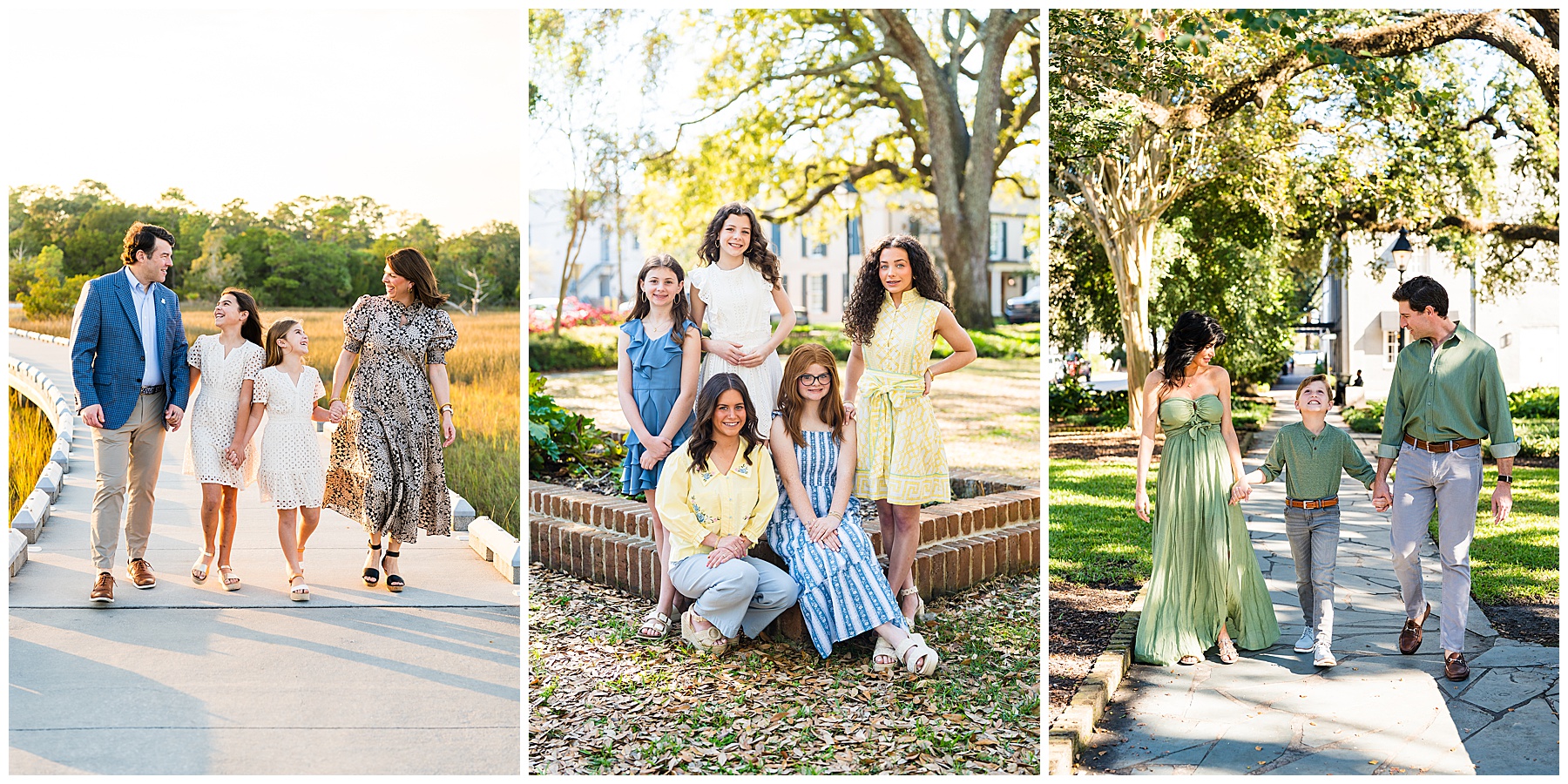This is a three-panel collage of family and sibling portraits photographed outdoors in warm natural light, with a distinctly Southern, Savannah-inspired feel. The images emphasize connection, coordinated styling, and relaxed movement. Left photo: A family of four walks together along a raised boardwalk or path through golden marsh grass during what appears to be golden hour. The parents walk on the outside while their two daughters walk between them, smiling and looking up at their parents. The father wears a navy blazer with khaki pants, while the mother wears a flowing patterned maxi dress. The daughters wear coordinating light-colored dresses, creating a cohesive, elevated family look. The warm sunset light gives the image a soft, glowing atmosphere. Middle photo: A group of six girls/young women pose together in a park setting beneath large trees and surrounded by greenery. They wear coordinated outfits in soft blues, whites, yellows, and patterned fabrics, creating a polished but natural color palette. Some sit while others stand, giving the portrait a layered, editorial composition. Brick edging and fallen leaves add texture, while the oak trees and soft light reinforce a classic Savannah aesthetic. Right photo: A family of three walks hand in hand down a shaded stone path lined with large trees and elegant homes. The mother wears a flowing sage green dress, while the father and son coordinate in green tops and neutral pants. The young boy walks between them, smiling up at his parents as they look at him warmly. The scene feels candid and affectionate, with sunlight filtering through the trees and casting soft shadows on the path. Overall, the collage has a warm, connected, storytelling feel, balancing posed portraits with natural interaction. The combination of marsh landscapes, oak-lined paths, and coordinated wardrobe tones gives the images a refined yet approachable Savannah family portrait aesthetic — timeless, polished, and deeply rooted in place.