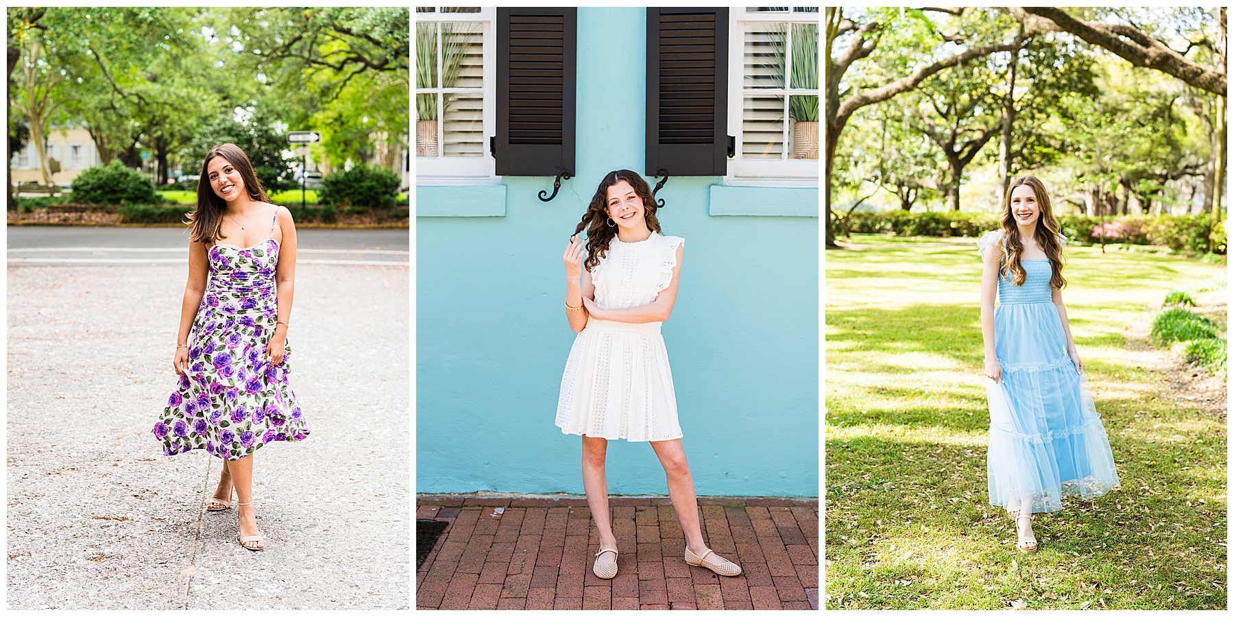 This is a three-panel portrait collage featuring girls/young women photographed in bright outdoor settings with a soft, feminine Southern aesthetic. The color palette leans heavily into soft blues, whites, greens, and florals, giving the collage a fresh spring/summer feel. Left photo: A young woman with shoulder-length dark brown hair stands on a quiet tree-lined street, smiling toward the camera. She is wearing a white midi dress covered in purple floral print with thin straps and a softly flowing skirt. The background features large oak trees, greenery, and a peaceful residential street, creating a classic Savannah feel. The movement in the dress adds energy and elegance to the portrait. Middle photo: A younger girl with dark curly hair poses confidently against a soft aqua-blue building framed by black shutters and white-trimmed windows. She is wearing a white textured dress with flutter sleeves and neutral flats. Standing on a brick sidewalk, she smiles brightly at the camera, while the symmetrical framing of the shutters creates a polished, editorial composition. Right photo: A blonde girl with long loose waves stands in a sunlit grassy park beneath sprawling oak trees. She’s wearing a light blue tiered maxi dress with soft, airy fabric that moves gently. She smiles warmly while lightly holding the sides of the dress. The background features open green space and dappled sunlight filtering through large trees, creating a dreamy, garden-like atmosphere. Overall, the collage feels light, airy, and distinctly Southern, with a mix of historic architecture and lush natural scenery. The styling emphasizes soft movement, feminine dresses, and cheerful natural expressions, making the images feel polished while still relaxed and approachable.