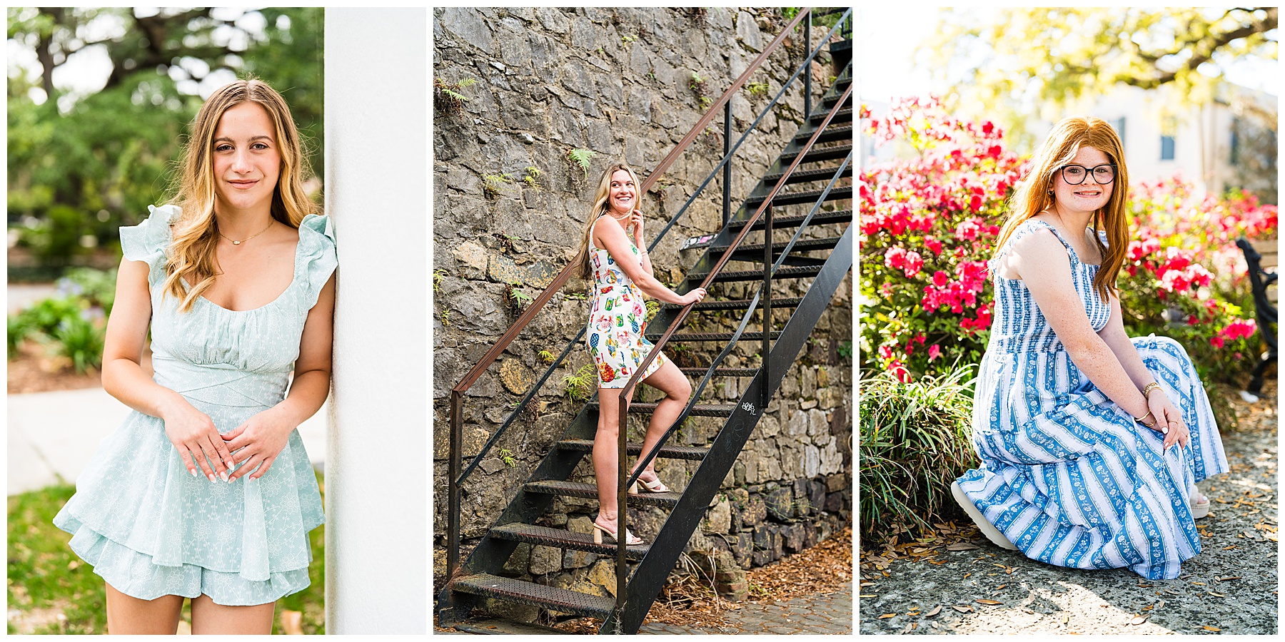This is a three-panel portrait collage of young women/girls photographed outdoors, each image featuring bright natural light and a soft, polished portrait style. Left photo: A teenage girl with long blonde hair styled in loose waves stands beside a white column, looking directly at the camera. She’s wearing a pale mint-blue ruffled romper or short dress with layered details and delicate jewelry. The soft greenery in the background is blurred, giving the image a clean, airy feel and drawing attention to her expression. Middle photo: A smiling blonde teenage girl poses on a black metal staircase against a textured stone wall. She’s wearing a colorful patterned sundress with playful multicolored designs and wedge sandals. The industrial staircase paired with the rustic stone creates a more urban, editorial look while still feeling relaxed and fun. Right photo: A red-haired girl with glasses sits near a vibrant bed of bright pink flowers in warm sunlight. She’s wearing a blue-and-white striped maxi dress with ruffled straps. The glowing background and colorful flowers give the image a cheerful, garden-inspired feel, while her seated pose feels relaxed and approachable. Overall, the collage has a bright, feminine, spring/summer aesthetic with a mix of textures and locations — soft greenery, urban stone and metal, and blooming flowers. The styling leans toward light, colorful, movement-friendly outfits, creating a cohesive portrait collection with a polished but natural feel.